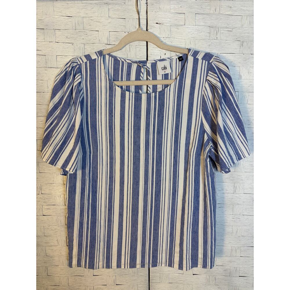 CABi women’s blouse Style 5343 Wing Top blue & white striped linen blend short